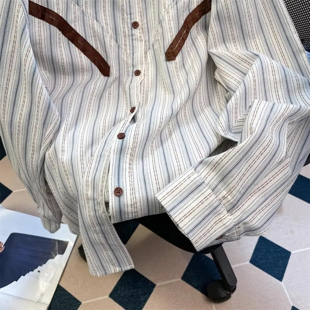 Women's Striped Shirt, Butterfly Embroider Tops, Casual High Street Style, 2025 Spring Autumn Long Sleeve Shirts Woman