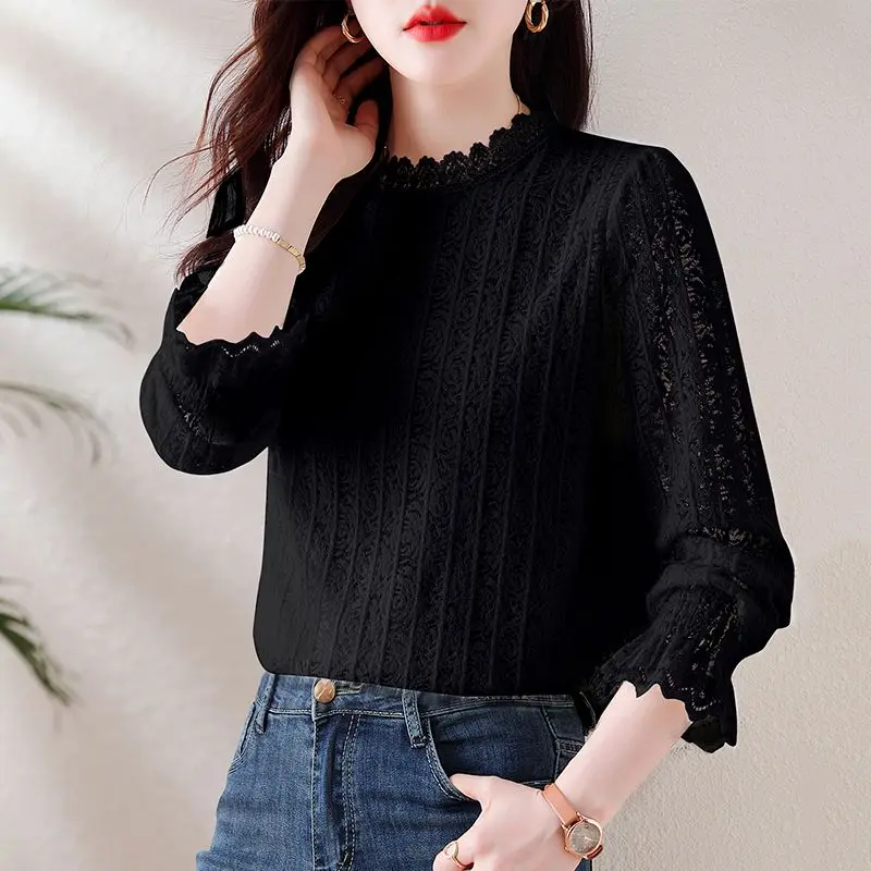 Spring Autumn Women\'s Clothing Solid Round Neck Lace Patchwork Long Sleeve Hollow Out T-shirt Casual and Elegant Undershirt Tops