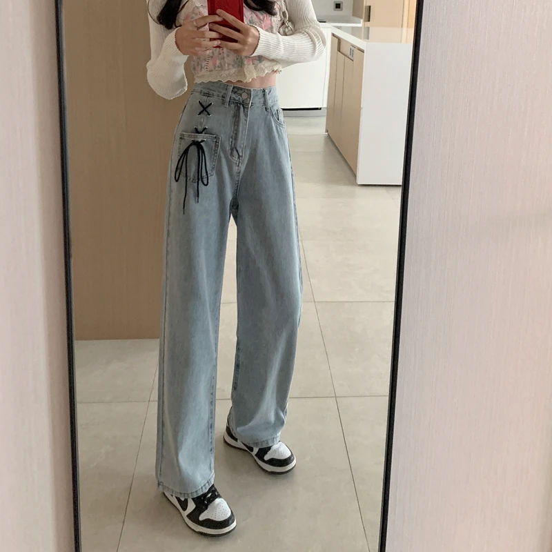 Korean Style Binding Baggy Jeans For Women Summer Commuting Trousers Y2k Streetwear High Waist Wide-leg Fashion Women's Pants