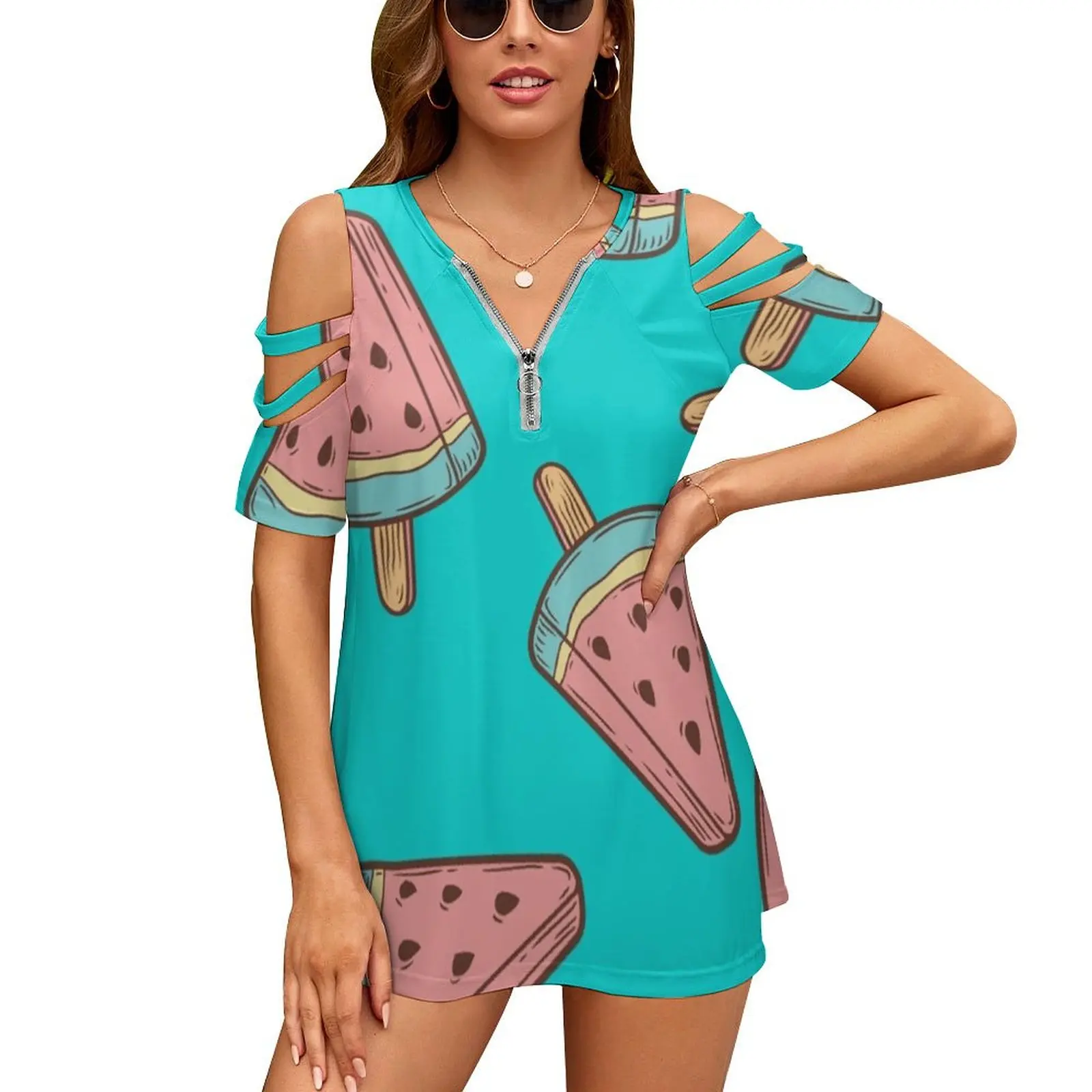 Ice Cream , Watermelon Popsicle Dessert Food Vector New Fashion Zip Off Shoulder Top Short-Sleeve Women Shirt Mix Wafer