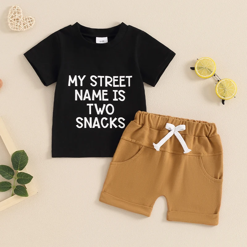 

2024-04-05 lioraitiin 0-3Y Toddler Baby Boys Summer Outfits Letter Print Short Sleeves T-Shirt and Elastic Shorts Clothes Set