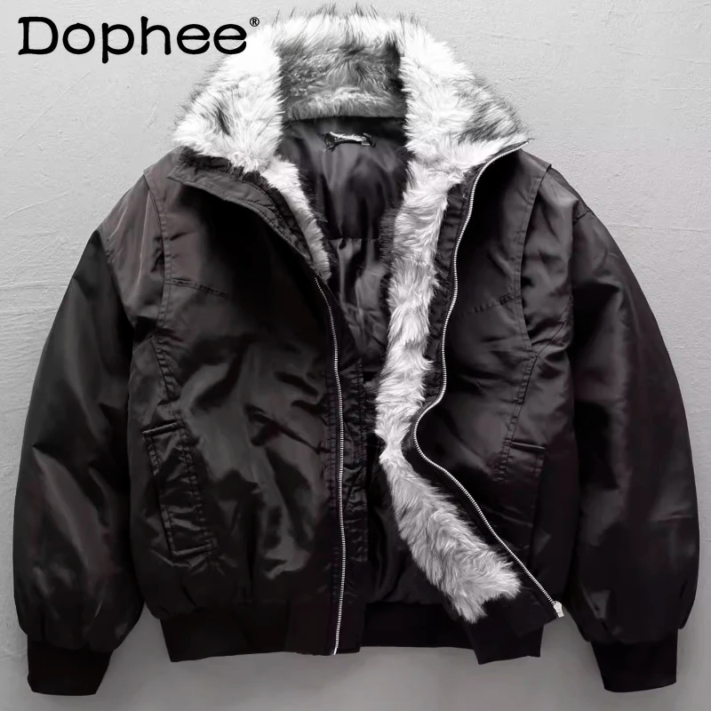 سترات عصرية بياقة من الفرو الصناعي للرجال والنساء لشتاء 2025 سترات فضفاضة جديدة للزوجين عصرية راقية وياقة واقفة وأكمام طويلة معاطف للأسفل #1