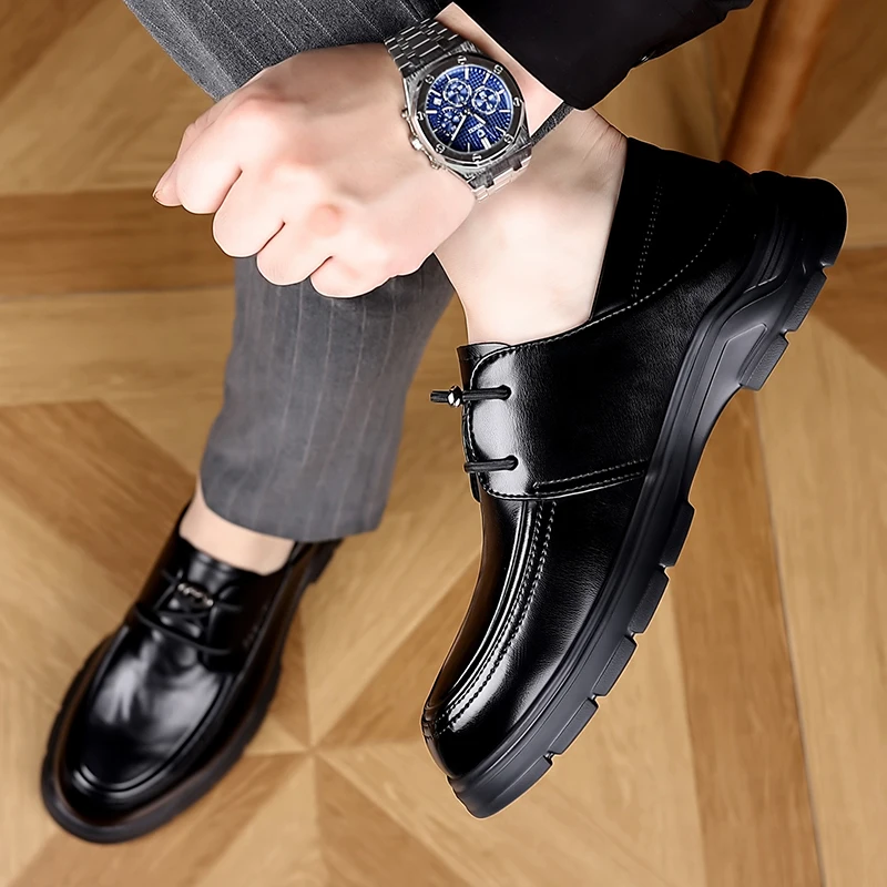 Fashion Brand Daily Round Headed Gentleman's Casual Shoes High Quality Men Comfortable Thick Soled Business Casual Leather Shoes