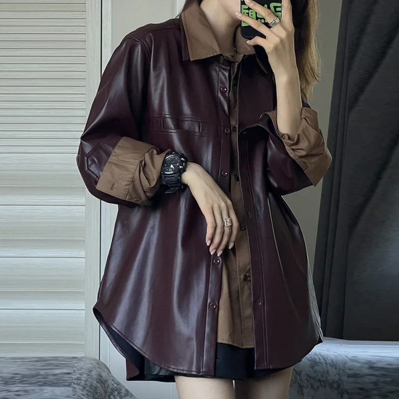Autunno 2025 Giacca in pelle PU viola uva Giacca retrò da donna Camicia ampia Cappotto invernale da donna