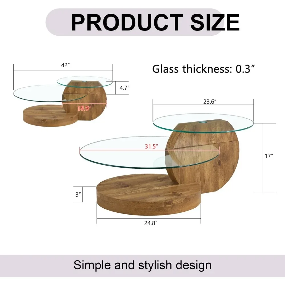 Moderne runde Couchtische aus gehärtetem Glas für das Wohnzimmer, 3-stufiger runder Couchtisch aus Holz mit Stauraum, transparenter Cocktailtisch