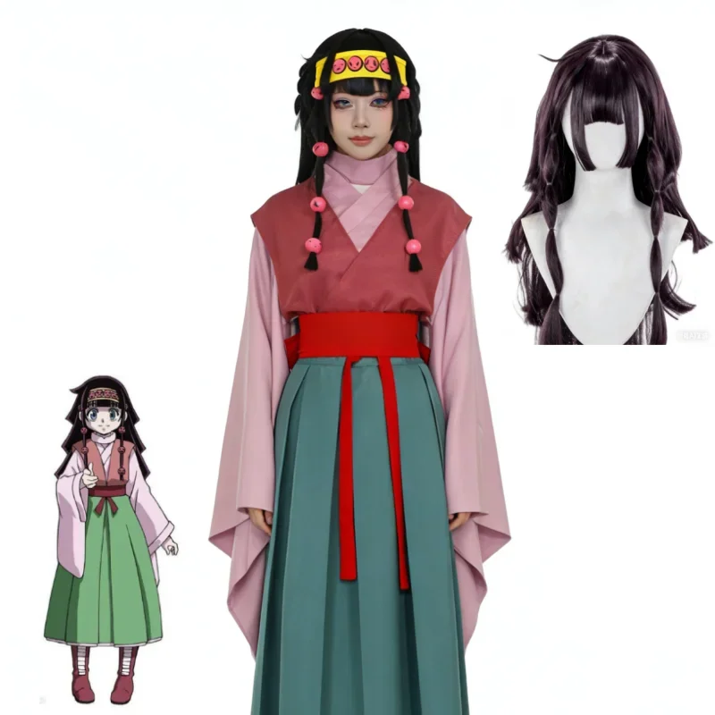 Disfraz de cosplay de Alluka Zoldyck, personaje de anime, en color rosa y verde, con kimono japonés, peluca y conjunto completo, ideal para fiestas de Halloween y juegos de rol.