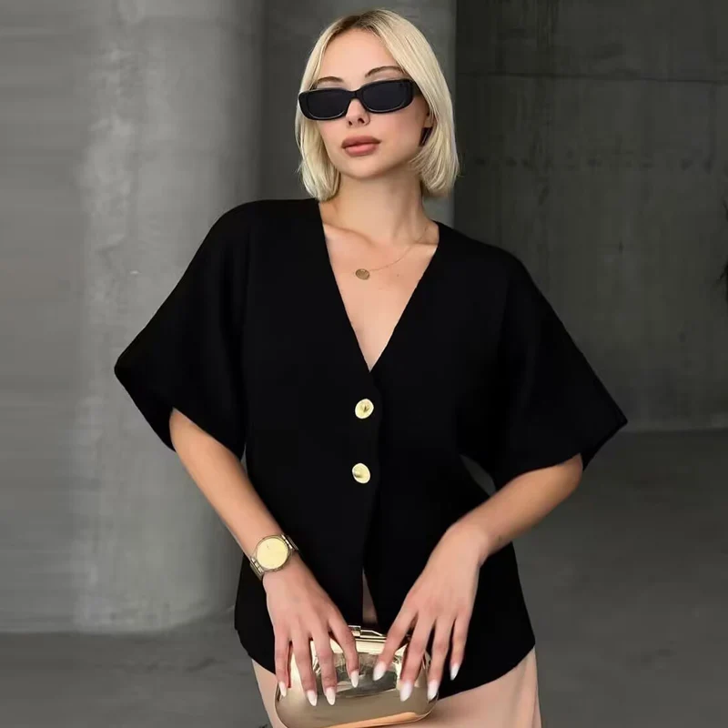 HXAO Strickjacke für Damen, Sommer 2022, Damenpullover, Weiß, Gelb, Schwarz, Strickjacke, schicker Knopf, kurze Ärmel, Strickwaren, Oberbekleidung