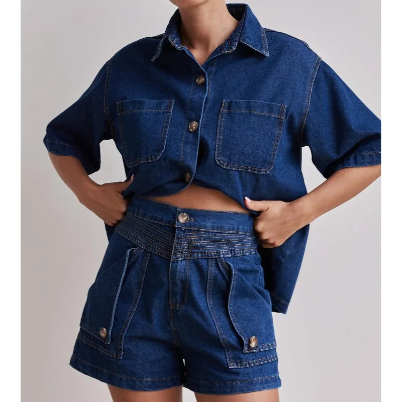 

2025 Spring/Summer New Women's Fashion Casual Retro Loose Shirt Cowboy Shorts Set European and American Women's Clothing
