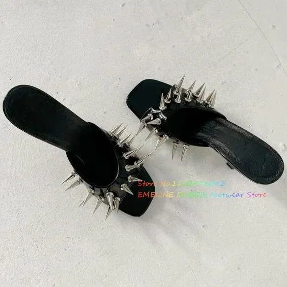 Extra Long Silver Spikes Mules Sqaure Toe Black Patent Leather Rivets High Heel Slippers Ladies Designer Brand Dress Shoes