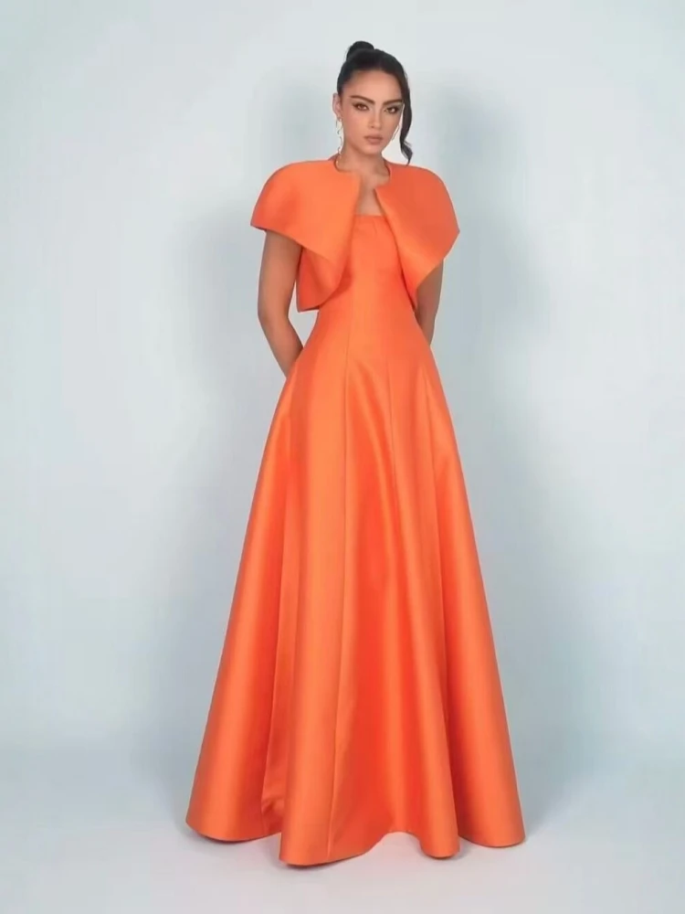 Sexy Spaghetti Straps Square Neck A-Line Long Dress With Shawl Women Orange Sleevless Slim Dresses Elegant Evening Party Gowns