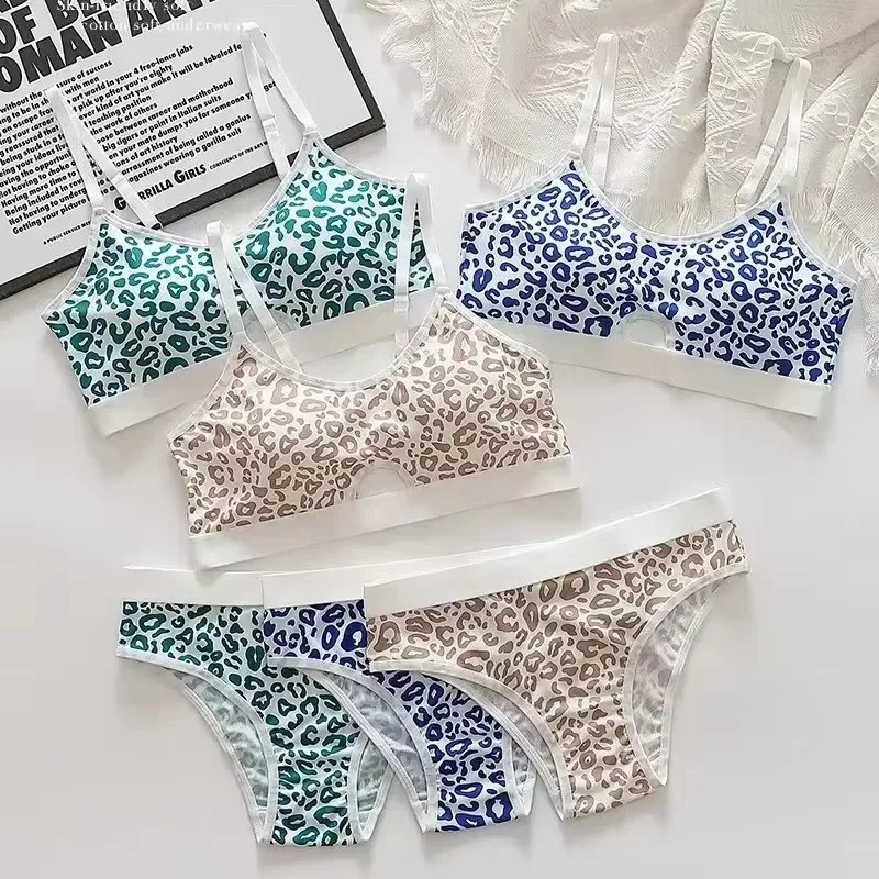 

set Women Seamless Bra Set Low Waist Panties Leopard Bralette Sexy Lingerie Set Brassiere Female Cotton Underwear Set