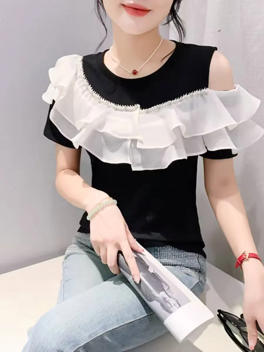 2024 New Arrival Butterfly Sleeve Rivet Solid Splicing Shinny Silk T-shirt Spring Summer Woman Sweet Hollow Out S-3XL O-neck