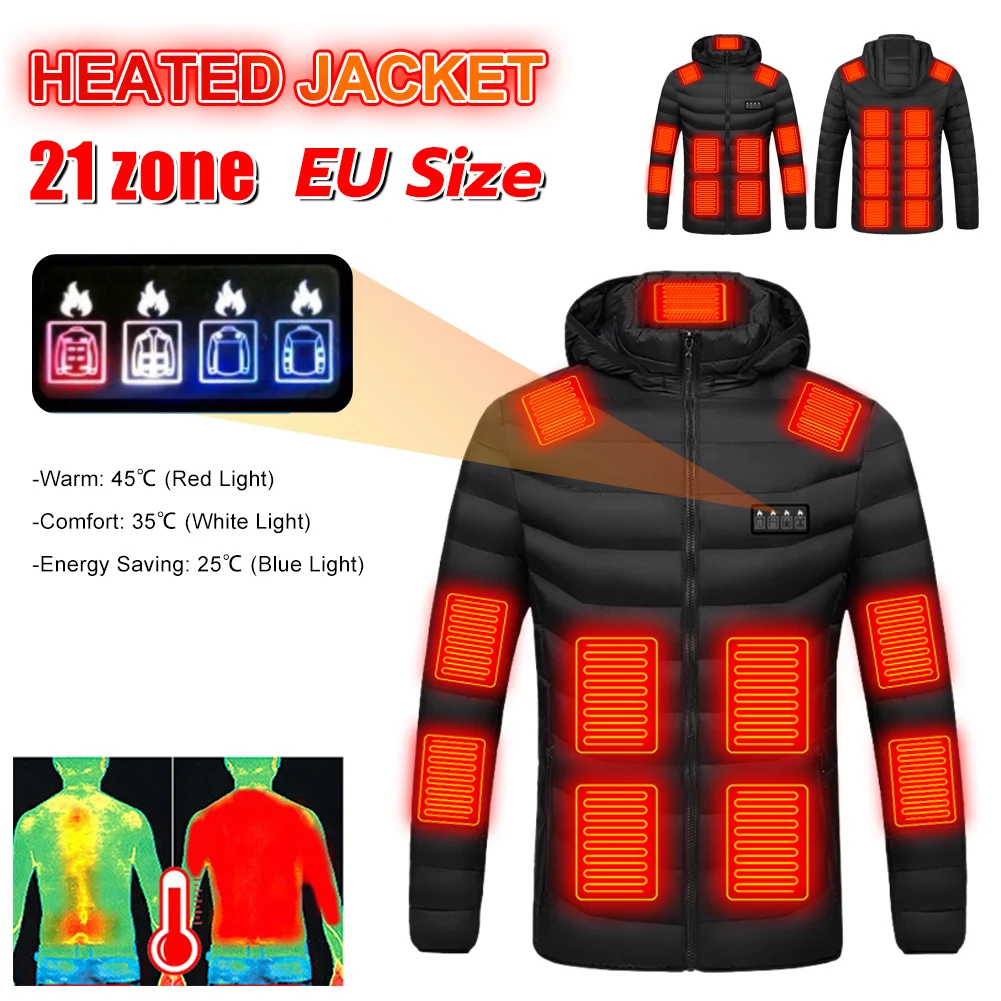 

EU 21/15 Areas Heated Jacket for Men Women Winter Outdoor Adjustable Heating Coat USB Powered Thermal Coat for Skiing Camping