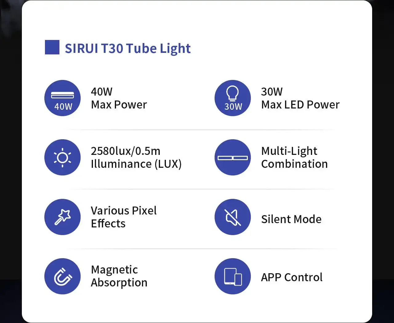 SIRUI 30W Pixel Tube Light T30 RGB Rod Lamp 30W 2500K~7000K 360° Full Color Light High Exceptional Color Accuracy For Shooting