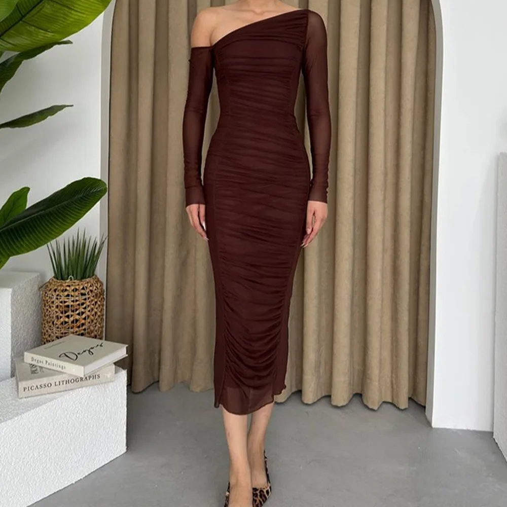 

Elegant Party Dresses Woman Straight One Shoulder Long Sleeves Tea Length Pleats Solid Color Dresses For Formal Occasions Modern