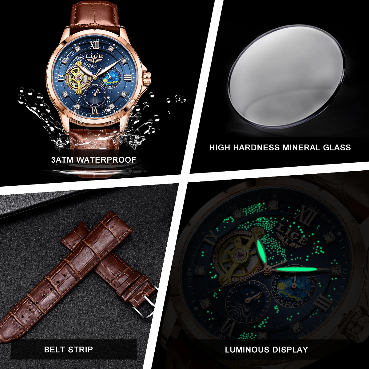 LIGE Men's Watch Fashion Starry Business Date Moon Phase Mechanical Men Watches Luxury Hollow Original Waterproof Watch For Men