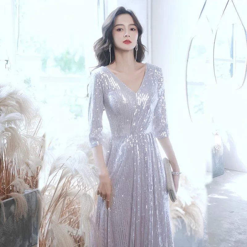 

Вечернее платье с серебряными пайетками, женское элегантное платье высокого класса для банкетного хора, длинное платье, роскошная летняя мода