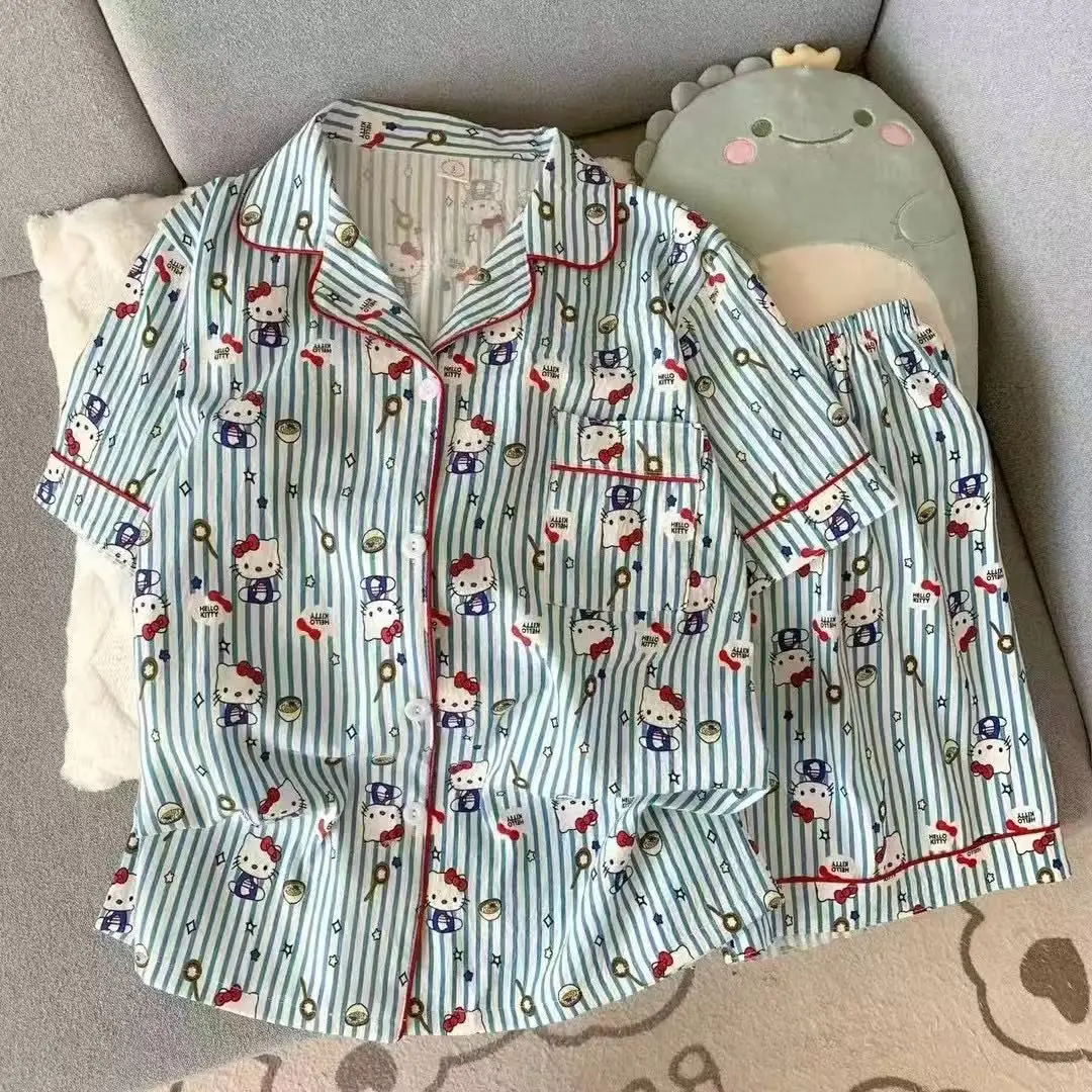 

Женская пижама с рисунком Hello Kitty, тонкий клетчатый комплект с короткими рукавами, удобная домашняя одежда