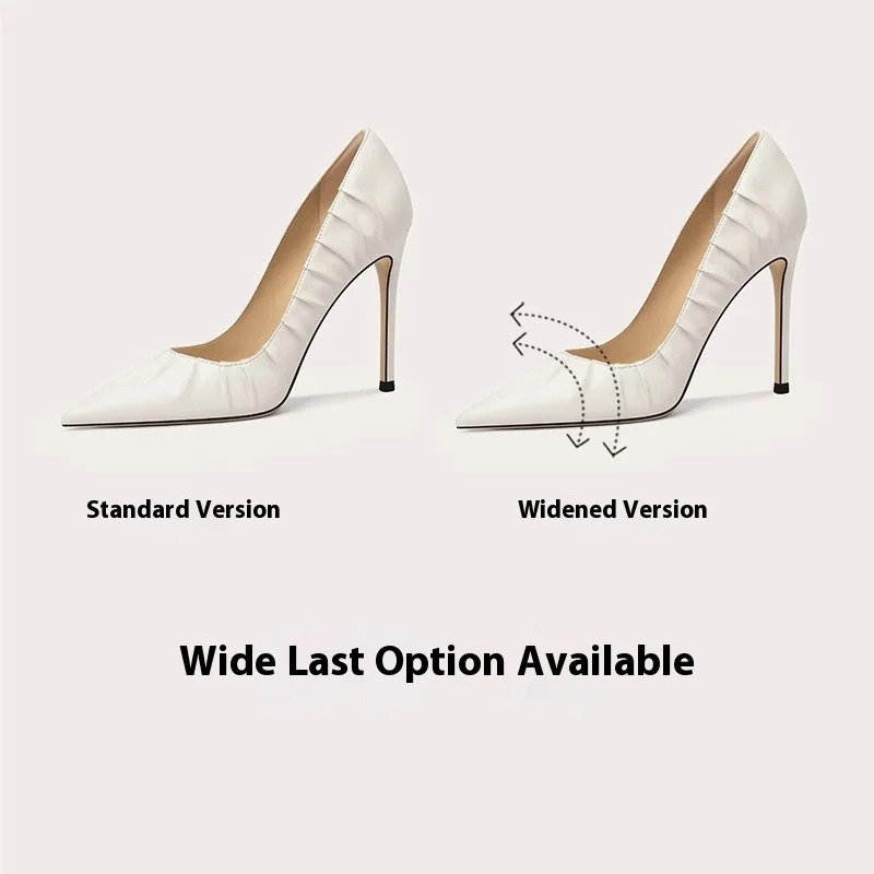 Spring new shallow leather wrinkled widened version OL flat shoes thin high heel banquet large size small size women's shoes