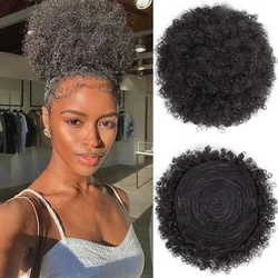 Synthetic Short Afro Puff Bun Ponytail African American Wrap Black Gray Fake Ponytail With Drawstring And Clip In Extension