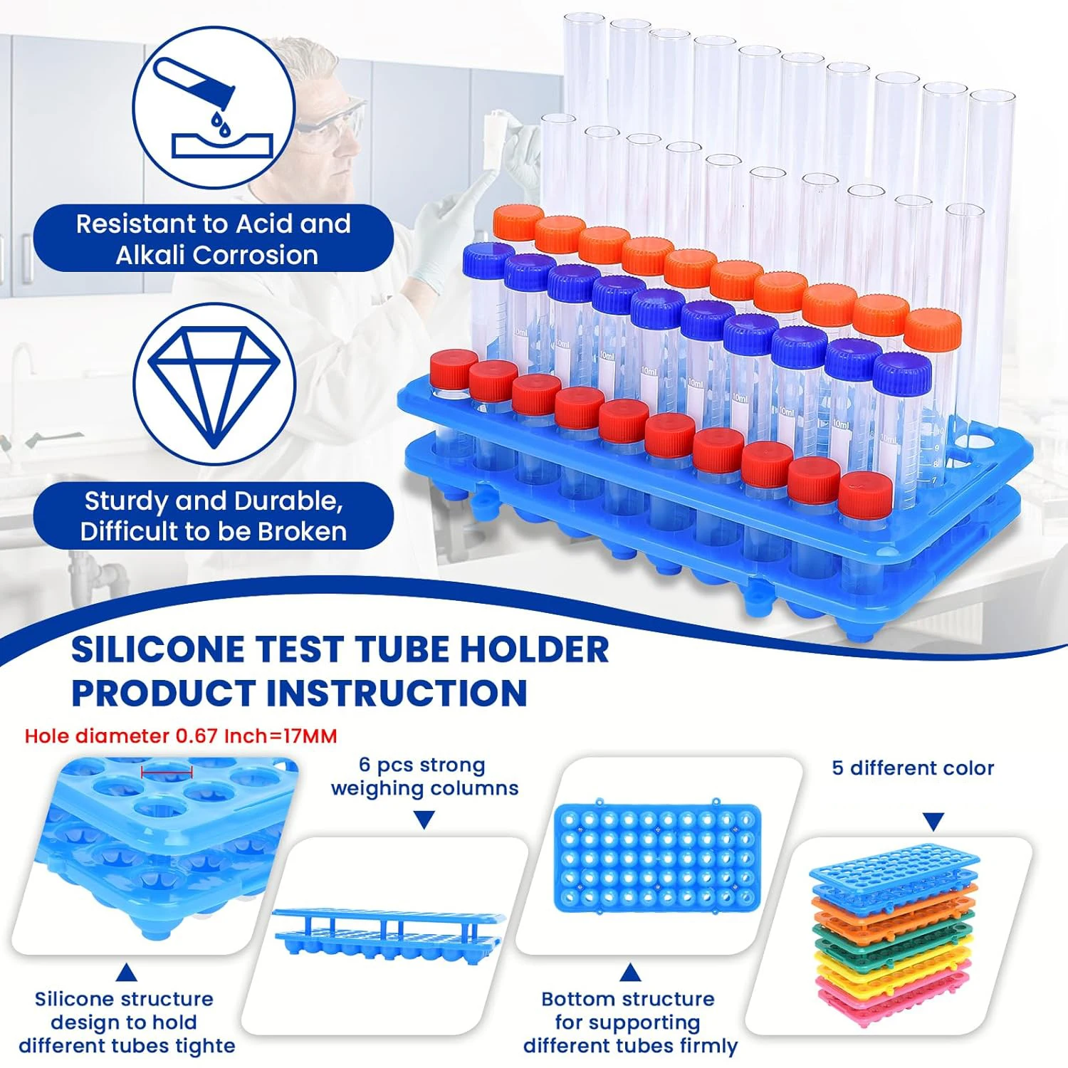 Plastic Test Tube Rack 50-Holes Centrifuge Tube Rack Lab Test Tubes Holder Stand Bracket Pink、Blue、Green、orange、yellow，1Pcs