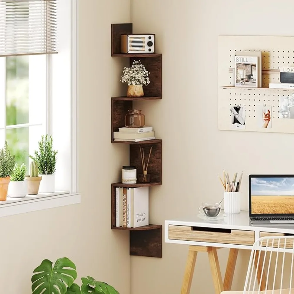 

Corner Shelf Wall Mounted Set of 2, 5-Tier Floating Corner Bookshelf, Home Storage Organizer, Wooden Display Stand Rack for Wall, Plant Shelf for Living Room, Bedroom, Kitchen, Rustic Brown