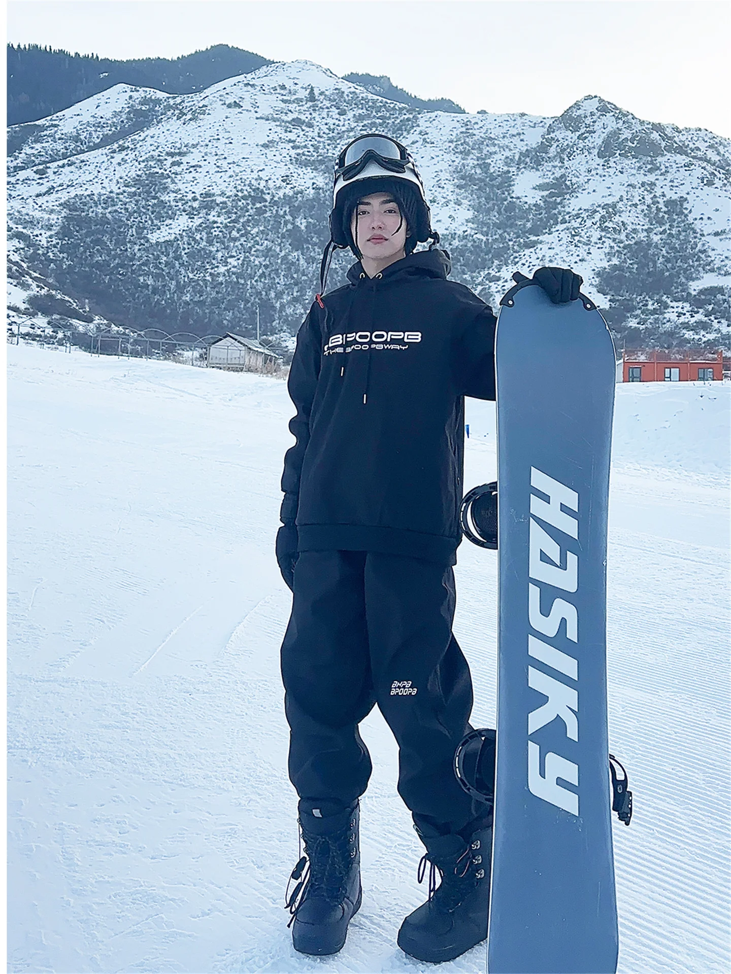

Thiened Fce Hooded Snowboard Sweatirt Pants Set for Couples Men Women Outdoor Waterproof Winter Sports Casual Wear