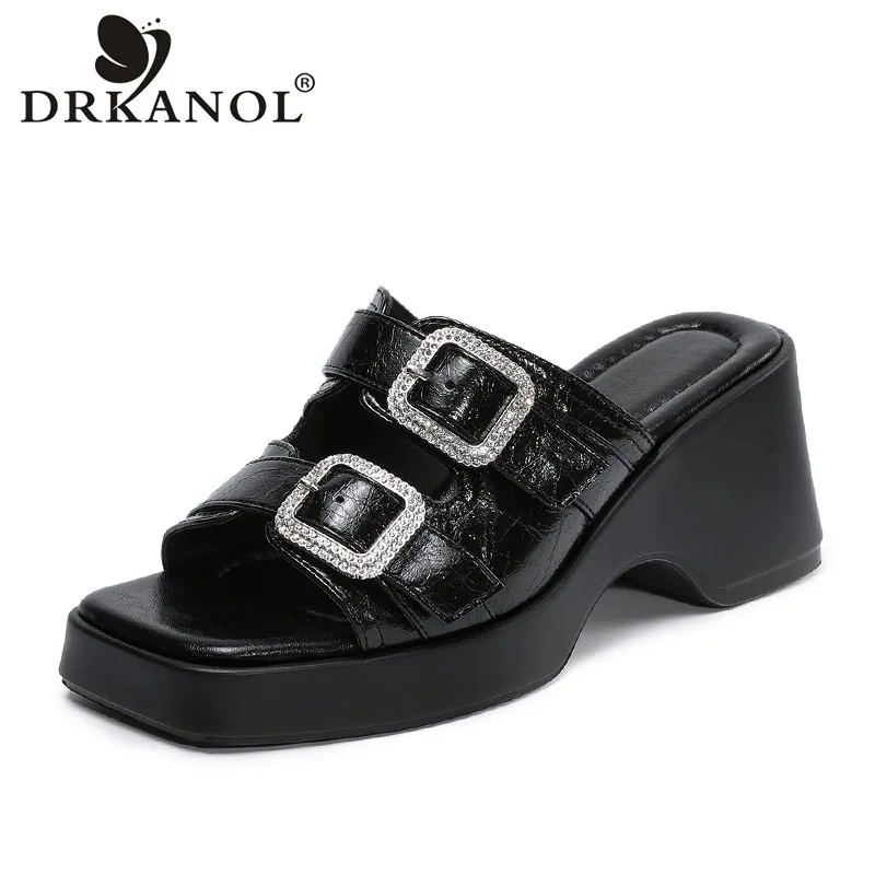 DRKANOL Elegant 7cm Height Increasing Slippers Women Genuine Leather Wedges Platform Open Toe Casual Rhinestone Sandals Slides