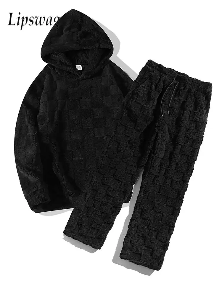 Fashion Plaid Jacquard Furry Fleece Tracksuits Men Fall Winter Warm Fleece Hoodie And Pants Two Piece Suits Mens Stylish Sets