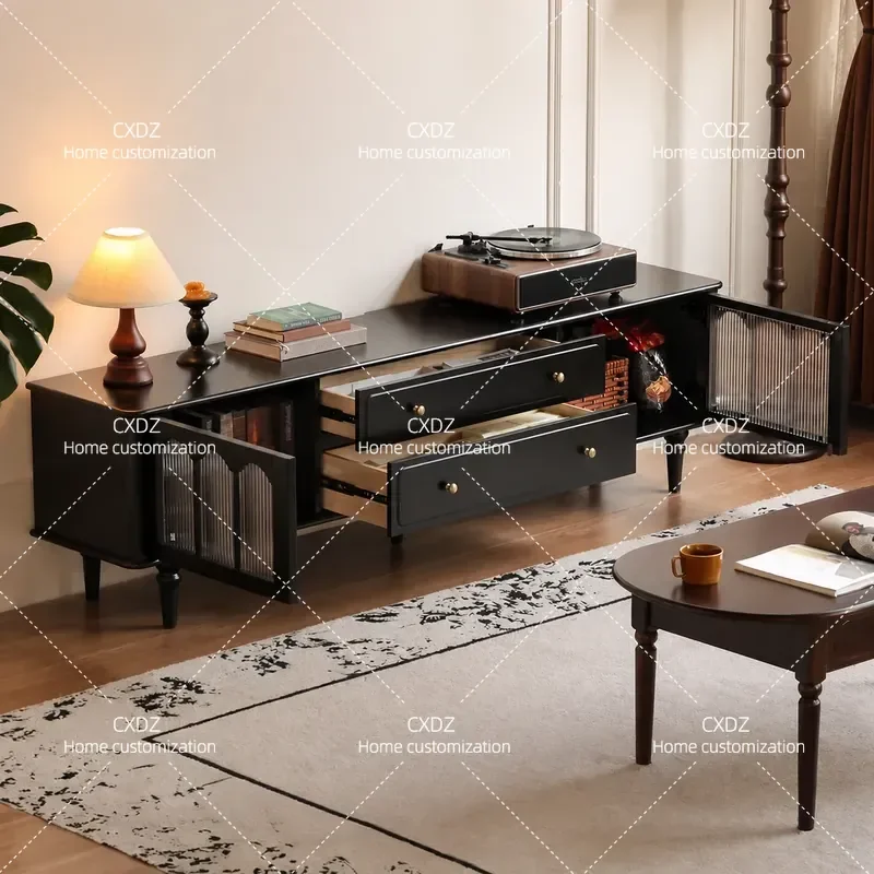 Genji Muyu Solid Wood TV Cabinet Living Room French Retro Storage Storage Integrated Household Black TV Cabinet
