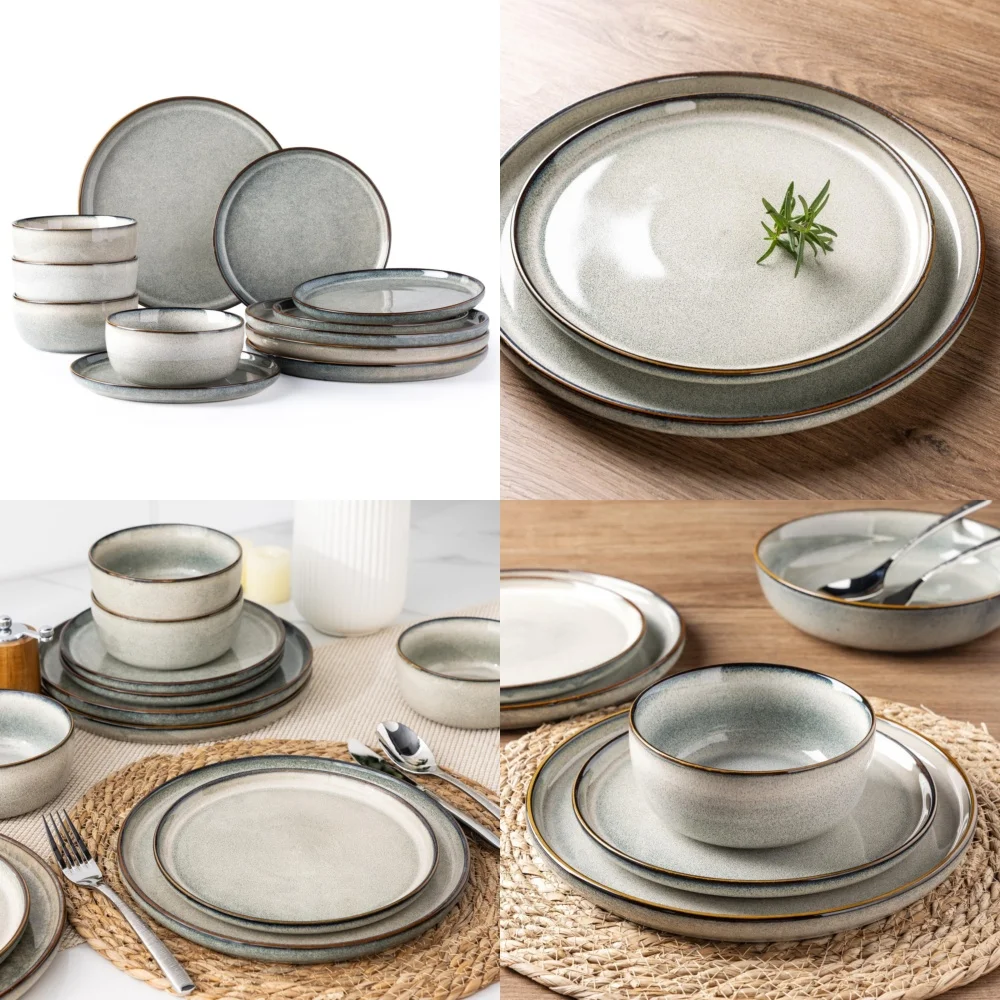 طقم أدوات مائدة سيراميك مكون من 12 قطعة طقم أواني طعام سيراميك مكون من 4 أطباق حجرية أوعية أدوات مائدة حديثة مثالية للاستخدام اليومي #1