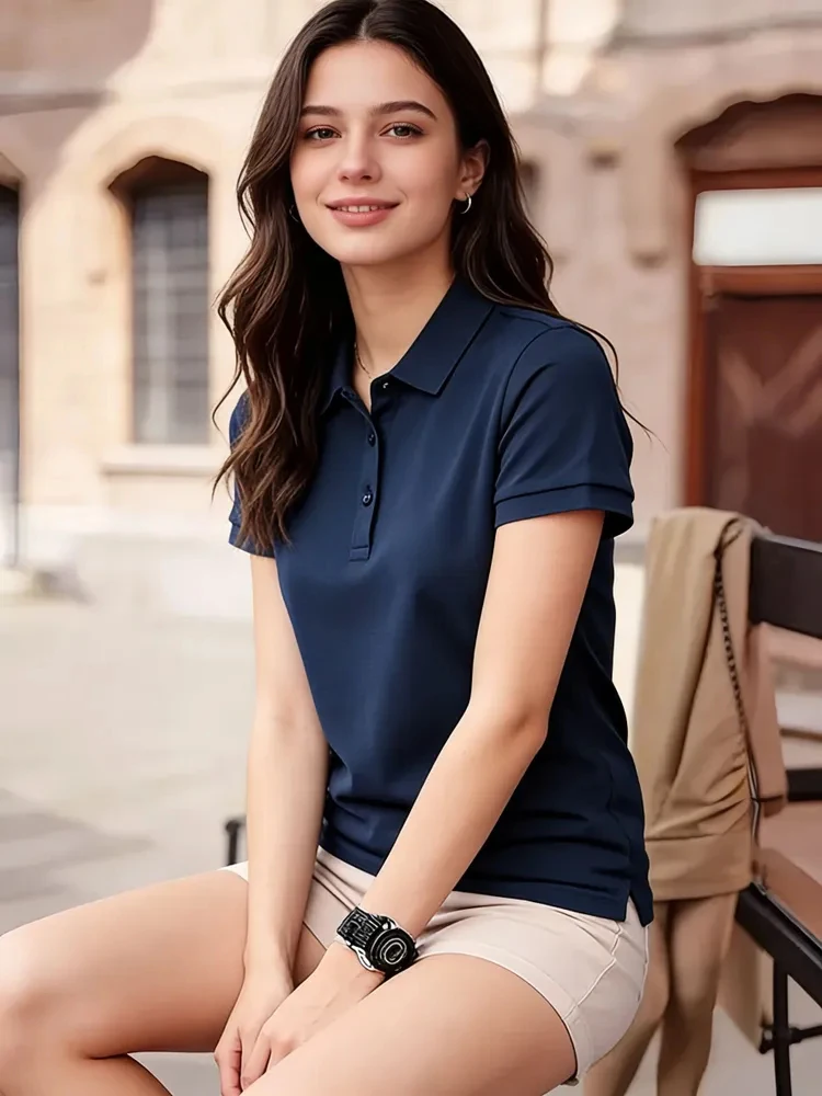 Women Solid Color Short Sleeve Polo Shirt Lapel Collar Button Placket Top Casual Daily Office Wear Slim Fit Ladies Blouse