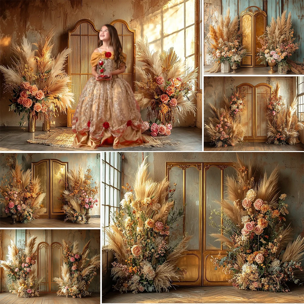 Boho Fotoğraf Sanat Arka Plan Ten Renkli Ekran Çiçek Dekorasyon Yetişkin Hamile Kadın Portre fotoğraf arka fonu Stüdyo Sahne