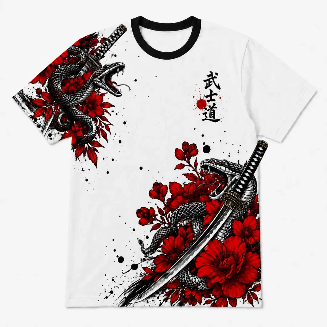 Japanese Ink Art Snake Warrior Sword Peony Flower Pattern Print, Martial Tattoo Style Casual Street Short Sleeve T-shirt