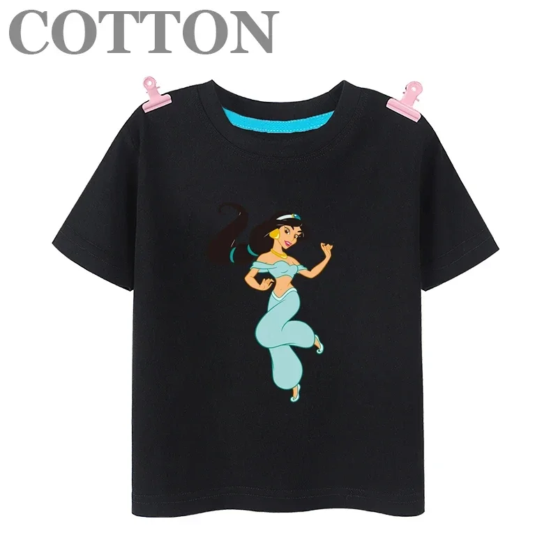 Disney Anime Dance Jasmine Princess Summer Fashion Cotton Children's Cartoon T-shirt Round Neck Short Sleeve Print Pattern