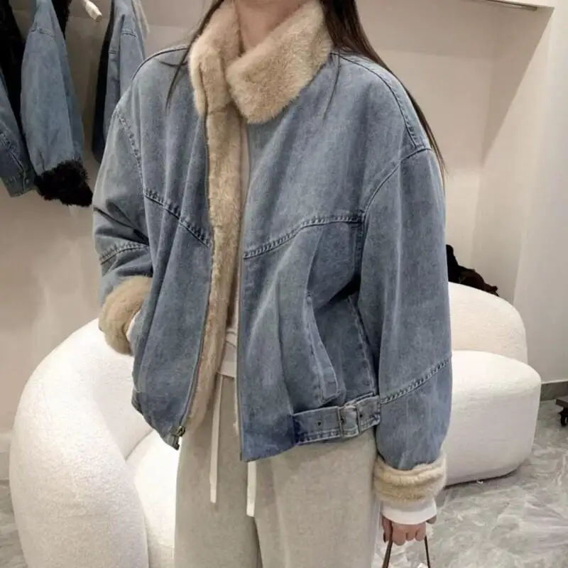 

Denim Jacket Women 2025 Winter New Korean Loose Slim Fit Fleece Lined Thick Casual Outerwear Coats for Daily Wear Cute Kawaii