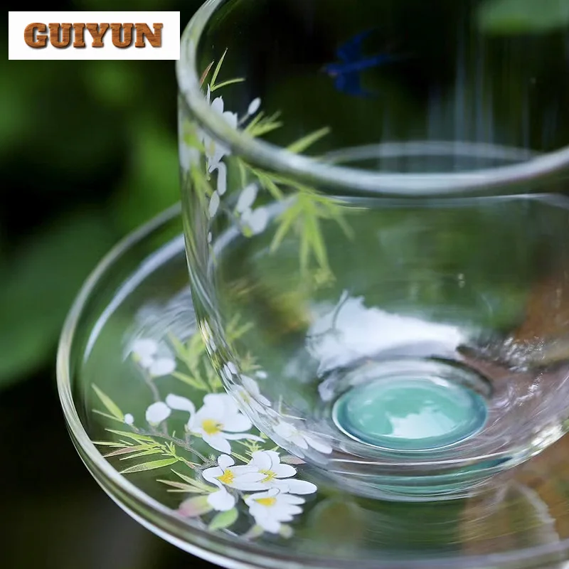 115ml Spring Return Flower Glass Tea Cup Green Tea Master Cup with Holder Set Special Tasting Chazhan Coaster Kung Fu Teaset