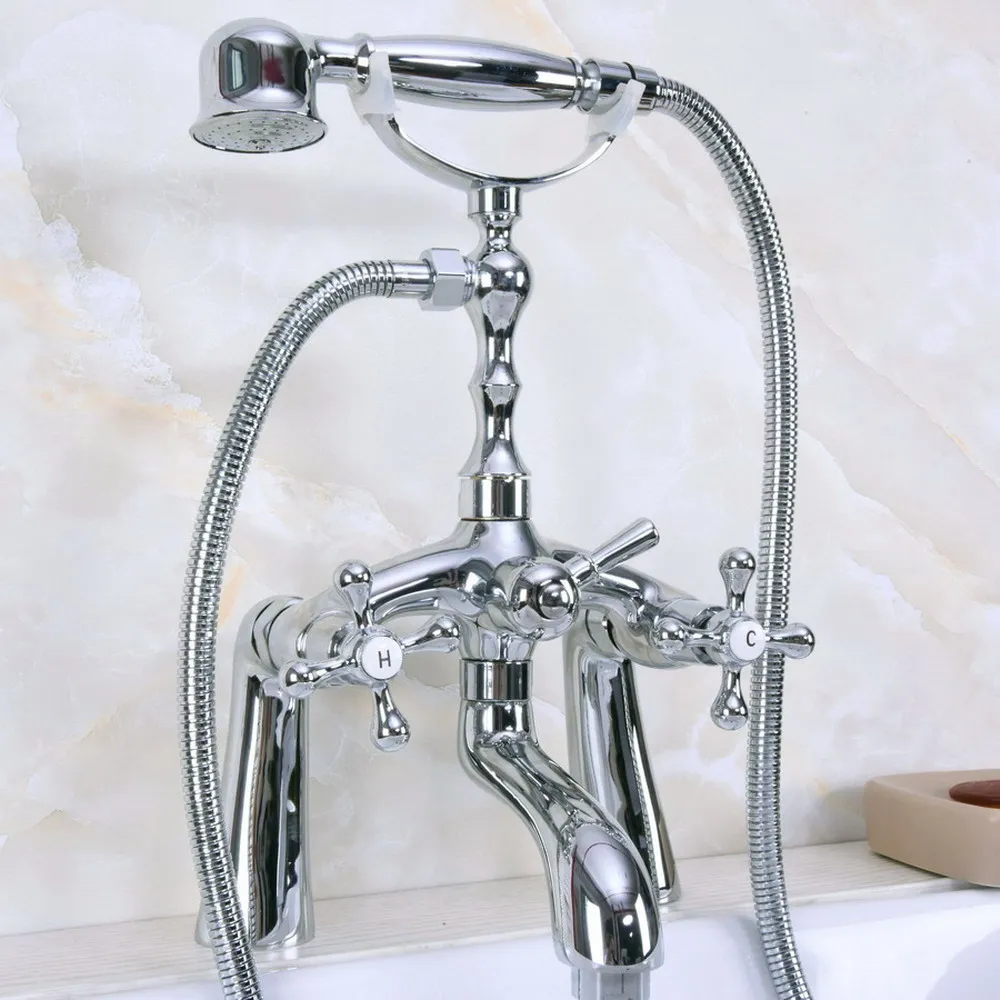 

Polished Chrome Deck Mounted Telephone Style Bath Tub Faucet Mixer Tap With Handheld Spray Shower