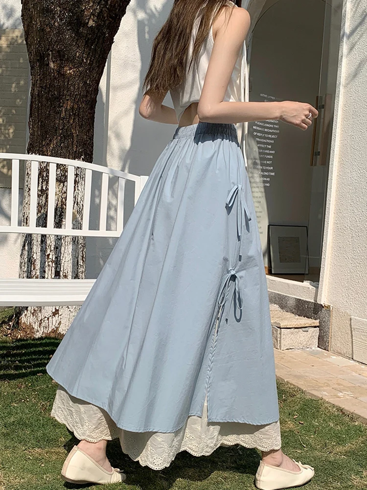 Pure Cotton Long Skirt Women Spring Sweet Lace Up Patchwork A Line Preppy Skirts High Waist Loose Casual Student Fashion Skirt