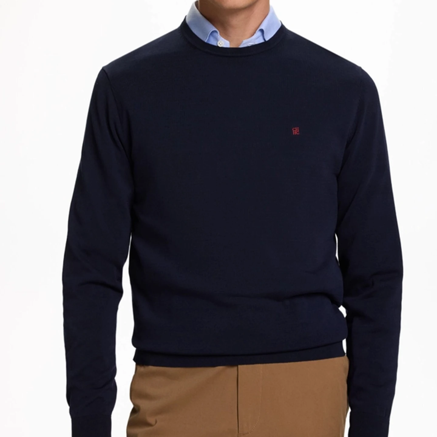 CH Men's  Crew Neck Sweater Slim Fit Long Sleeve Knit Pullover with Red Embroidery Business Casual Top