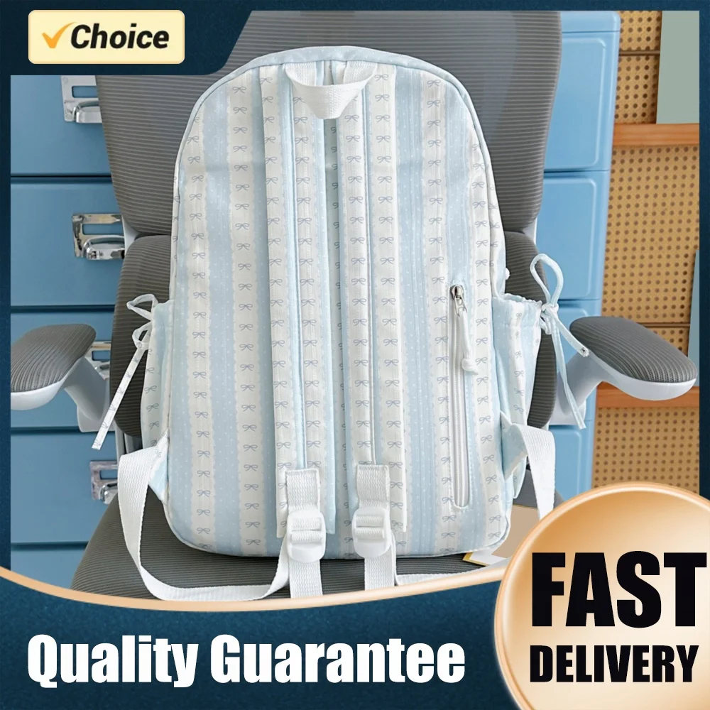 Women Nylon Stylish Strip Backpacks Multi-Pocket Cute Lace Trim Book Bags Lovely Macaron Color Schoolbag Commute Work Backpacks