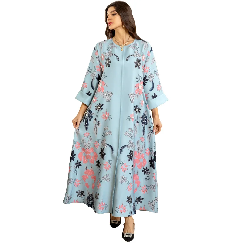 Muslim Dress Dubai Women's Fashion Abaya Long Skirt Hot Drill Dress Printing Middle Eastern Robe Casual Simple V-neck Long Dress
