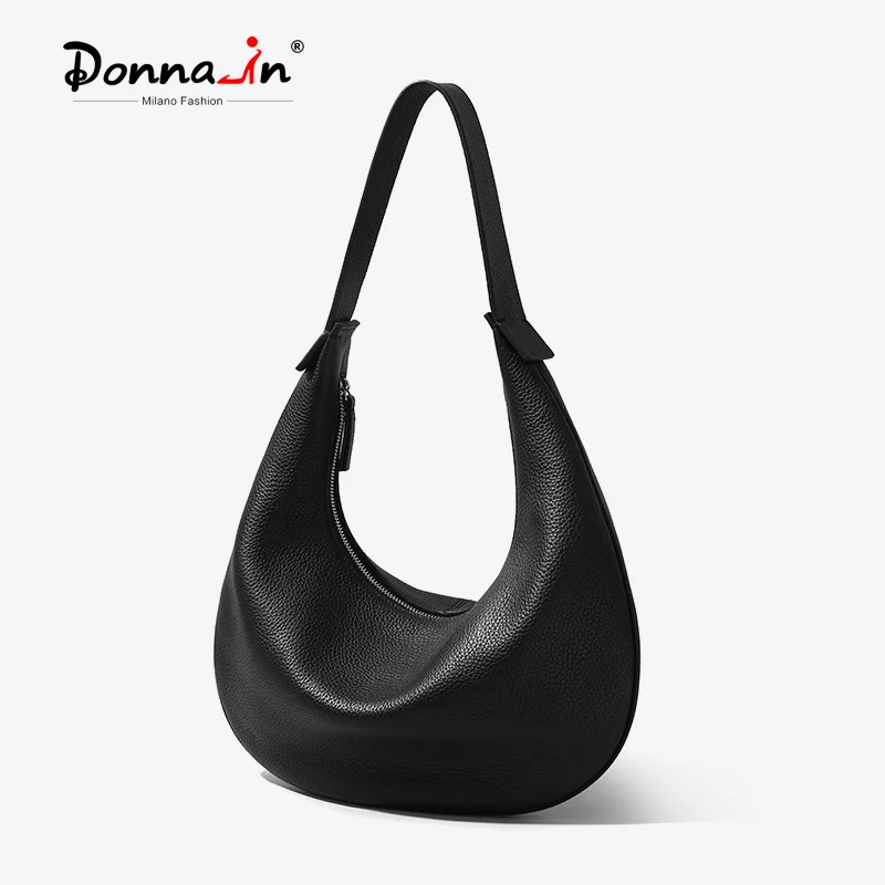 

Donna-in First Layer Cow Leather Half Moon Handbag Genuine Calfskin Crescent Shoulder Hobo Bag Full Grained Casual Commute