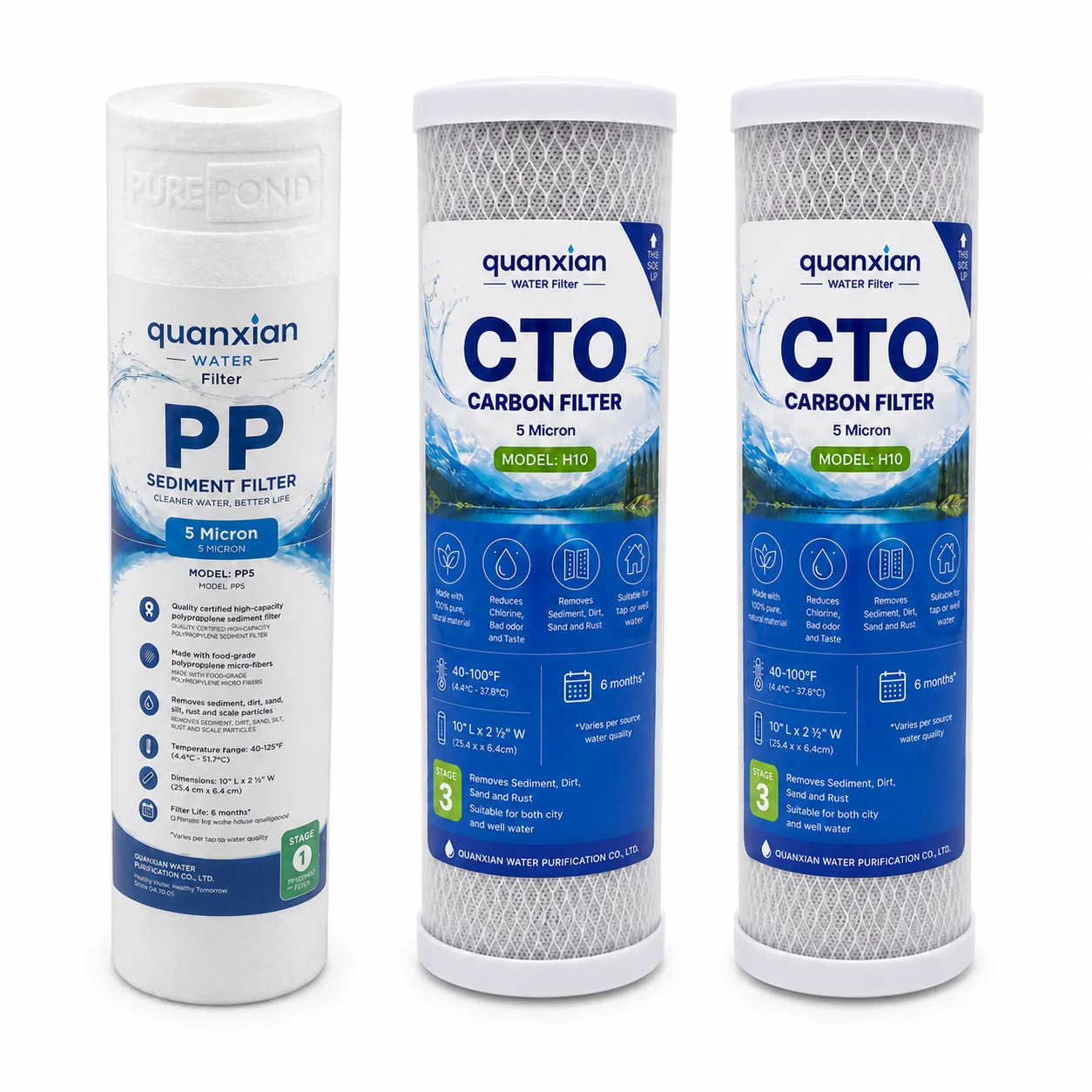 3-Piece Water Filter Cartridge Set 10 X 2.5 Inch 5 Micron PP Sediment 1 CTO Carbon Block 2 for RO under Sink System