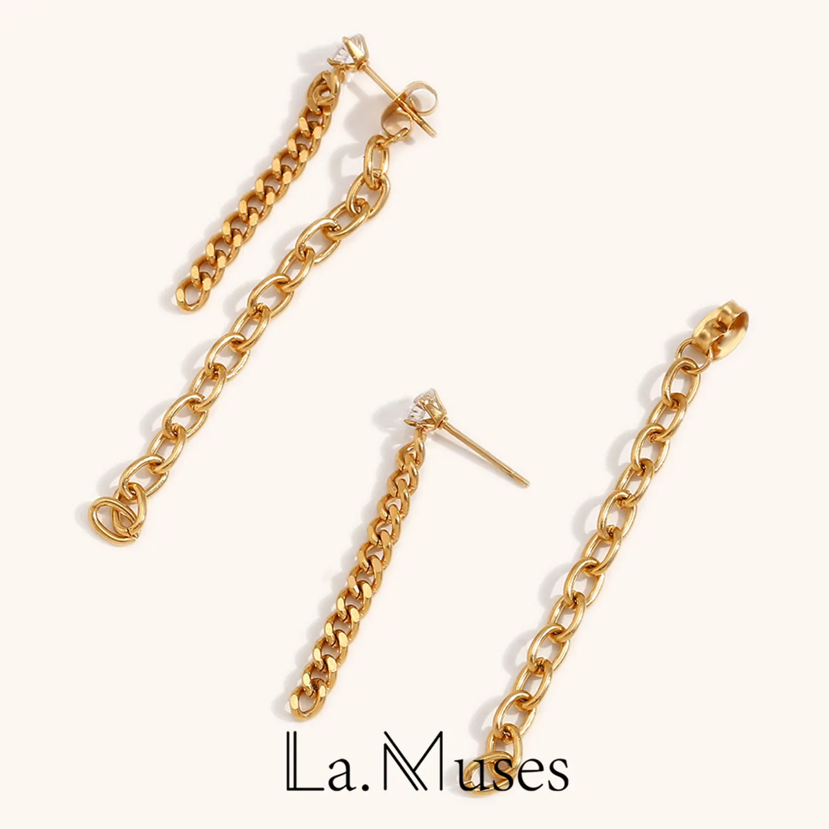 La.Muses-pendientes de acero inoxidable con circonita para mujer, cadena extremadamente sencilla, accesorios y regalos de joyería impermeables y versátiles a la moda