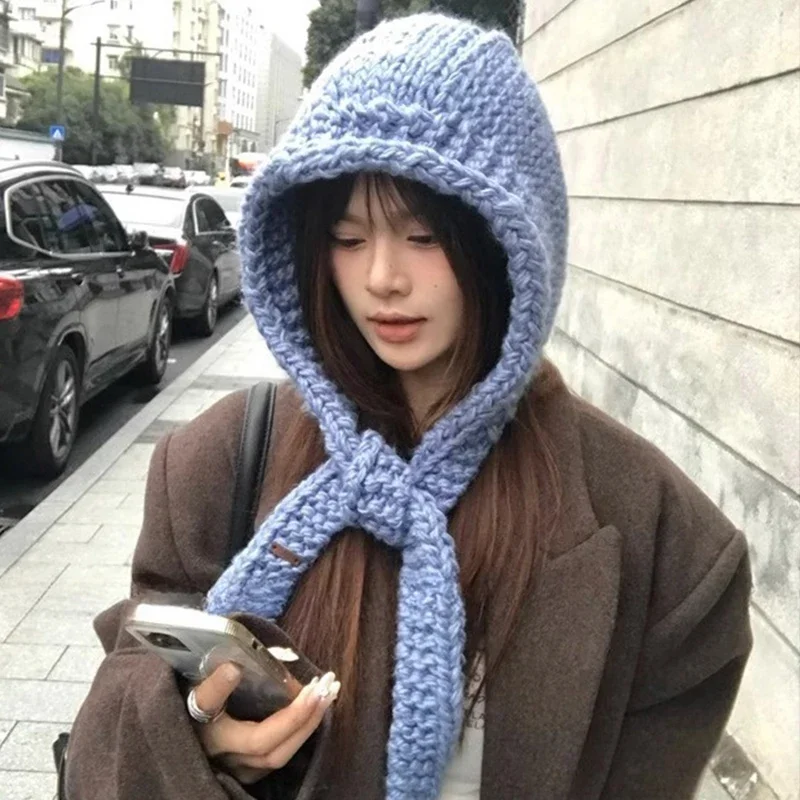 Winter hat Cute beanie Women\'s Knitted Hood Scarf Warm Ear Protection Cold Windproof Cap Winter Fashion Woolen Pullover Hat