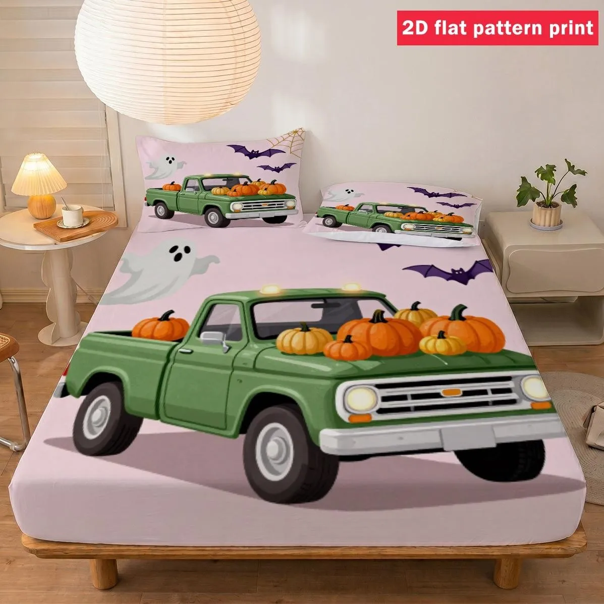 Vintage Green Pickup Truck with Pumpkins, Bats, and Spider Webs 2D Digital Print 3-Piece Bedding Set (Includes 1 Fitted Sheet + 2 Pillowcases, No Filling) Fitted Mattress Protector Halloween Theme Decoration Mattress Protector Cover Protective Cover Bed Sheet Three-Piece Set
