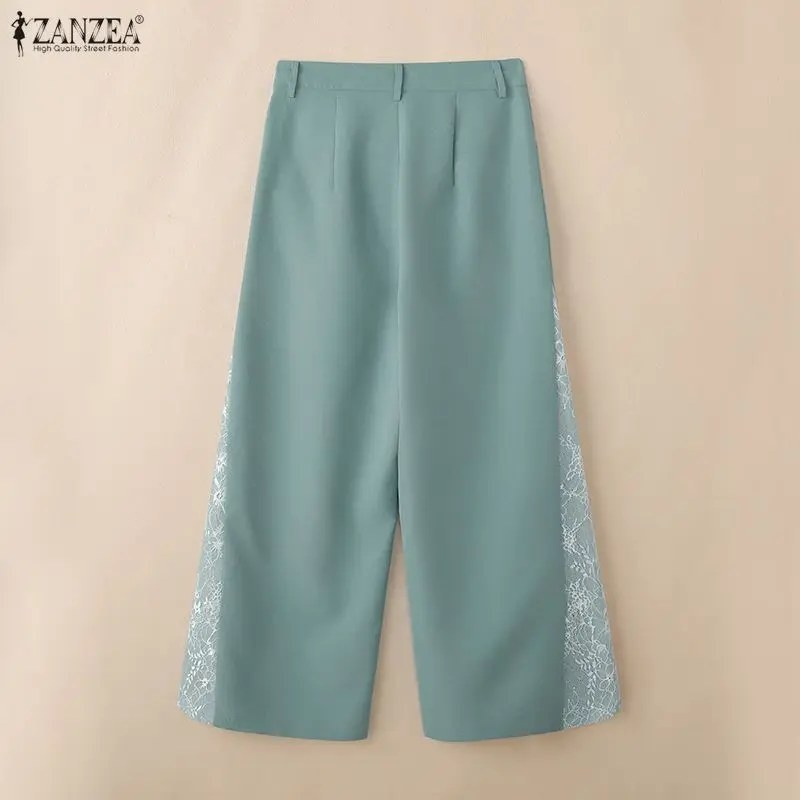 2026 ZANZEA أزياء من الدانتل بنطلون المرأة طويلة بنطال ذو قصة أرجل واسعة المرقعة عالية الخصر أنيقة عادية فضفاض مكتب بنطلونات الشارع الشهير #2
