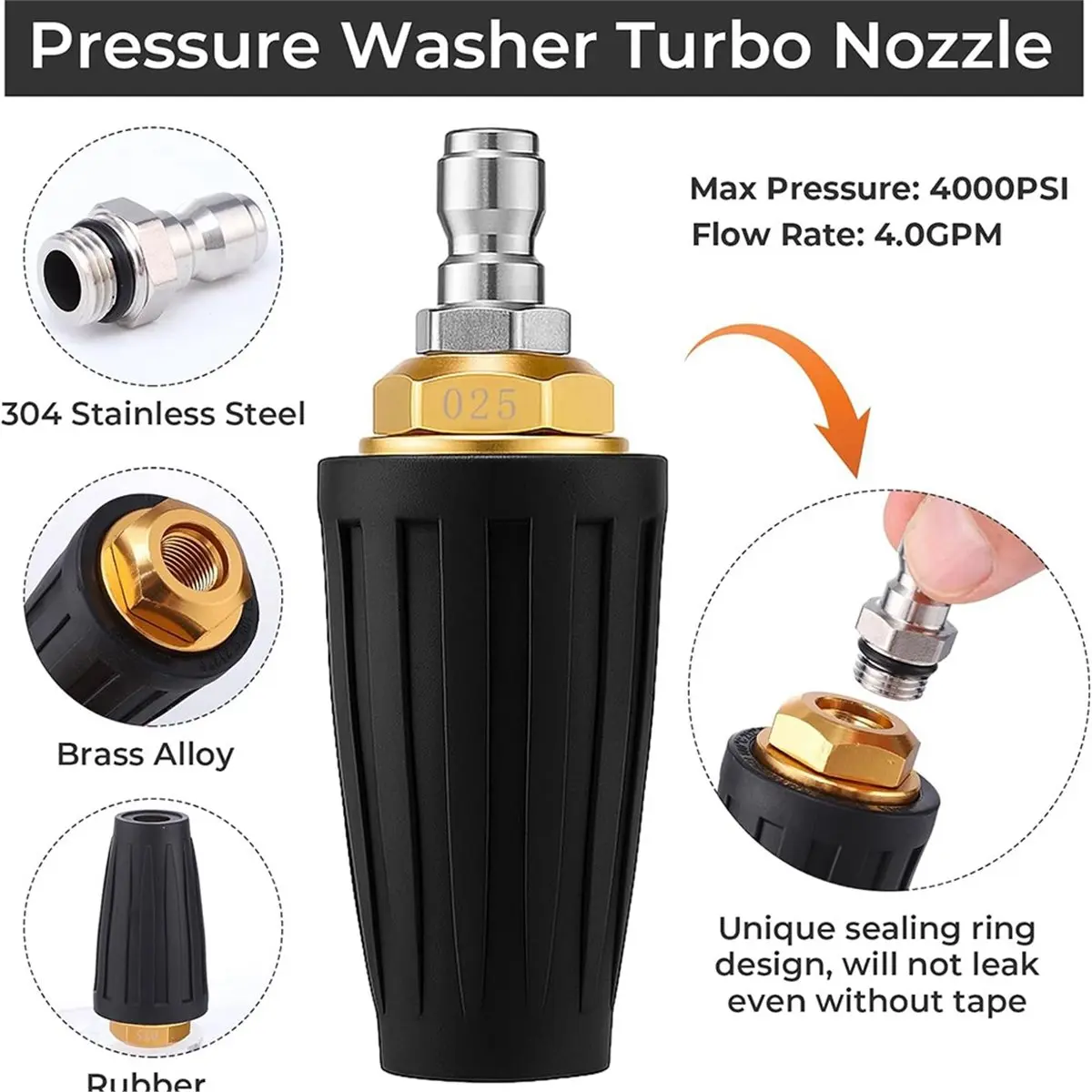 Turbo Nozzle 4000PSI Nozzles 360° Rotating Pressure Washer Turbo Nozzle for Garden Gutter Car Washing(4.0GPM)