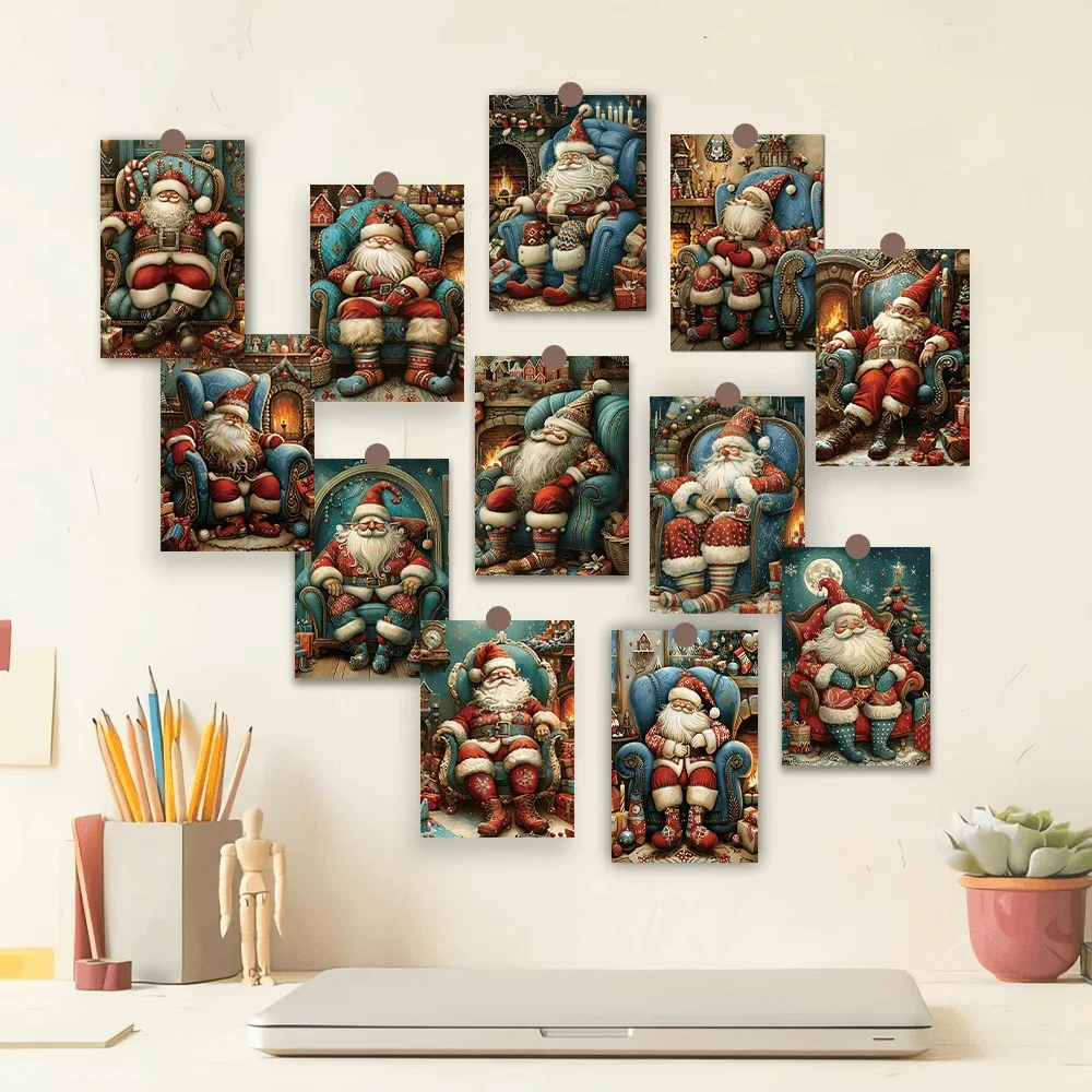 16pcs, Christmas Postcard, Classic Vintage Santa Ladder, Bullet Journal Greeting Card, Bedroom Wall Decor, Collectible